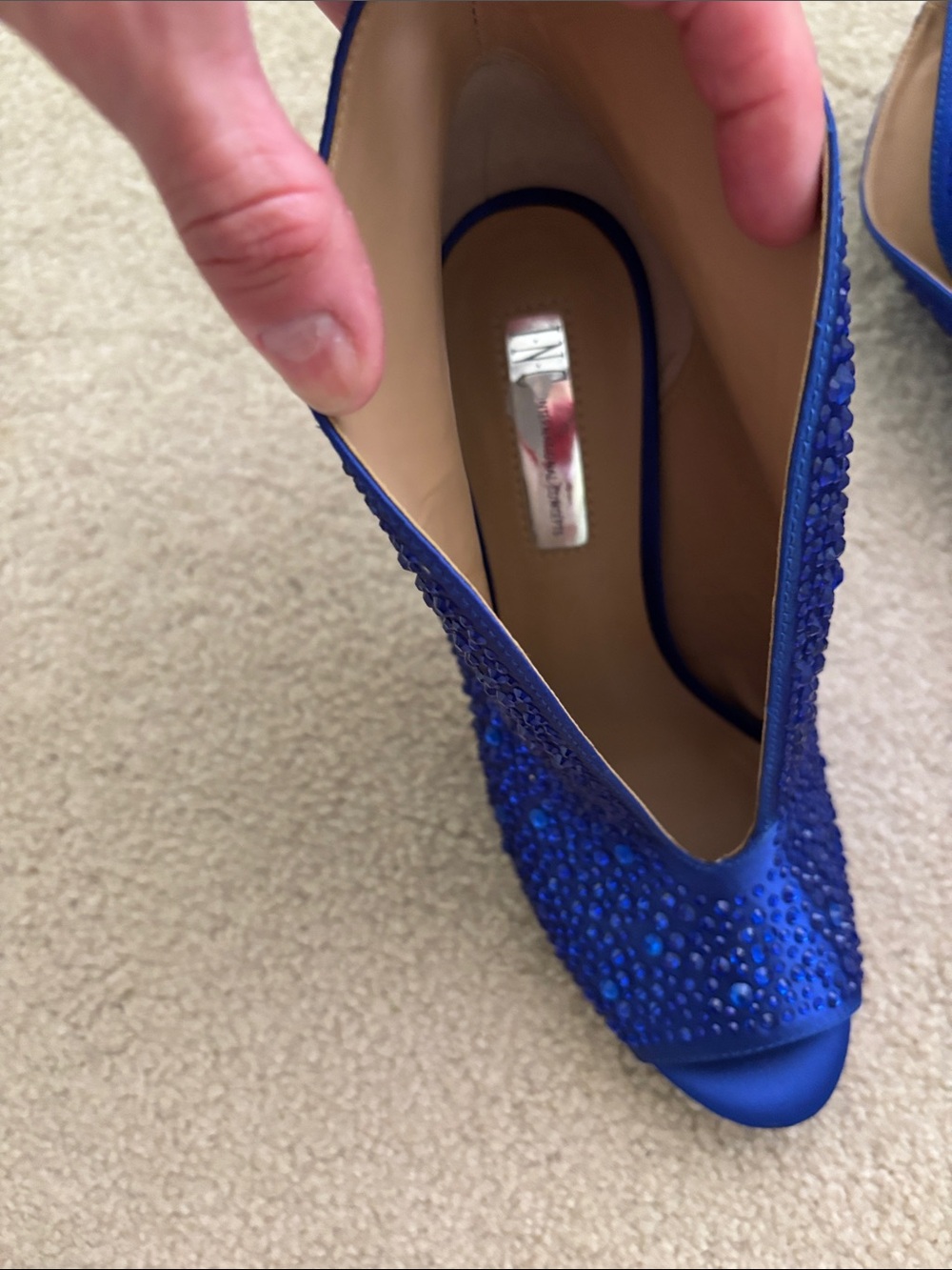 NWOT INC Blue Crystal Embellished Peep-Toe High Heel Booties - Picture 7 of 8